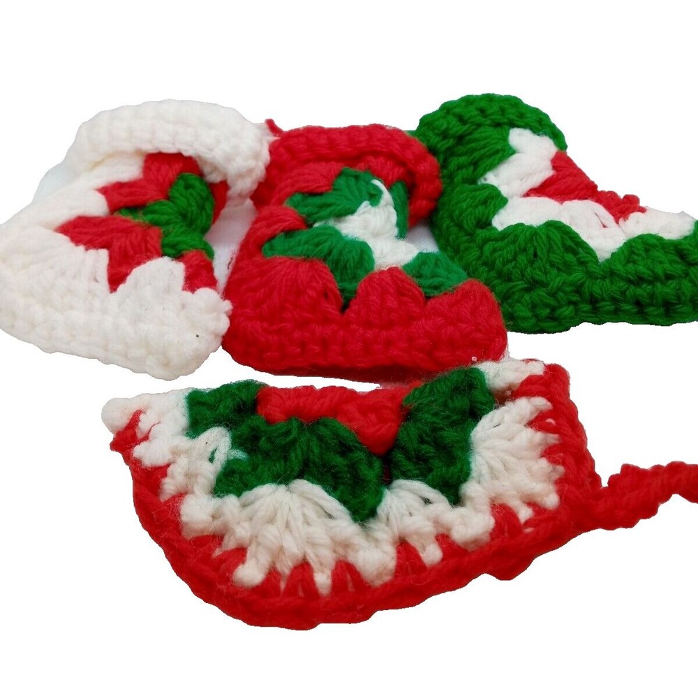 Christmas Stocking Ornament Set of 4 Vintage Hand Knitted by Mom Tree Decoration
